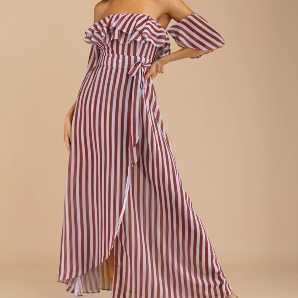 Maroon and white striped belted off the shoulder maxi dress.